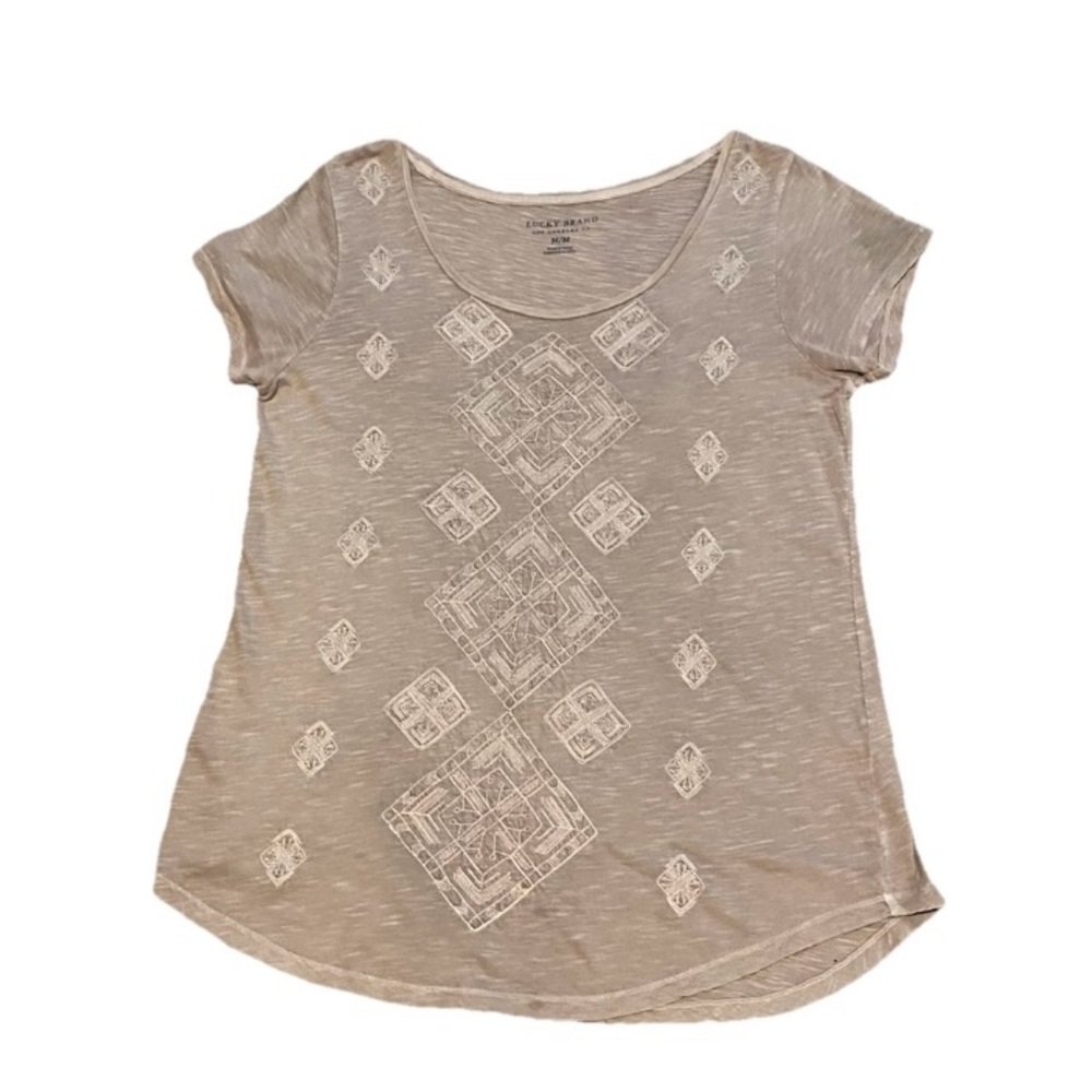 Lucky Brand Ladies Medium Short Sleeve Top beige with embroidery EUC